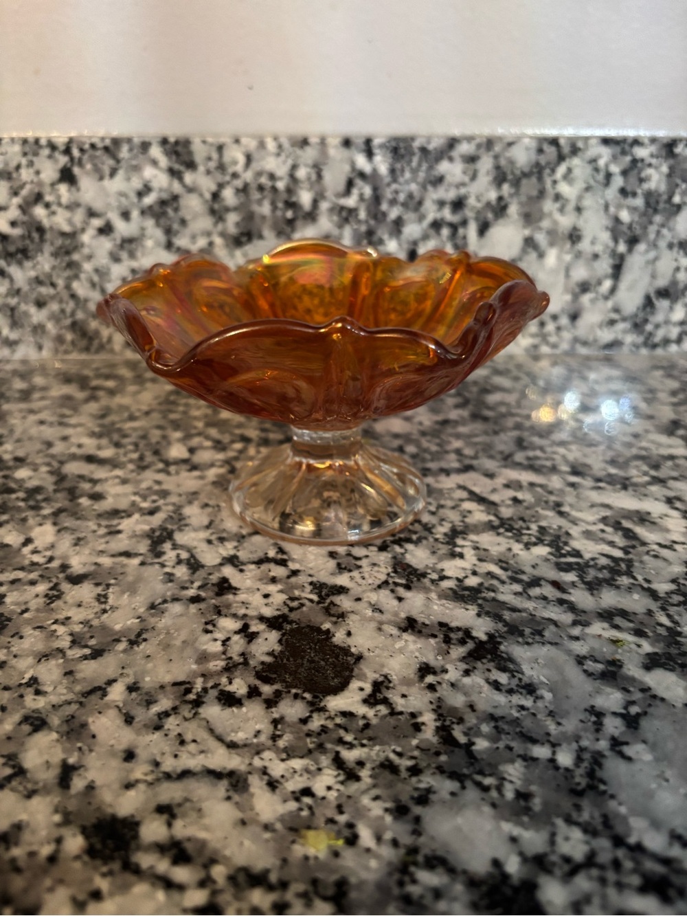 Iridescent Orange Glass Pedestal Bowl by
